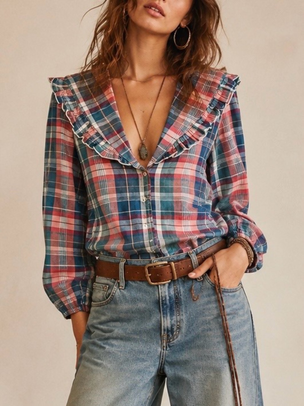 NWOT Free People ‘Molly Ruffle’ Top in “Pink / Blue Combo Plaid” Size XS